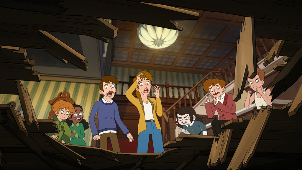 "Six animated characters in an old house stare down in shock through a large hole in the wooden floor, with broken beams and a staircase visible in the background."
